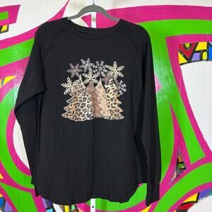 Black Long Sleeve Top with Leopard Christmas Tree Design. Size XL.